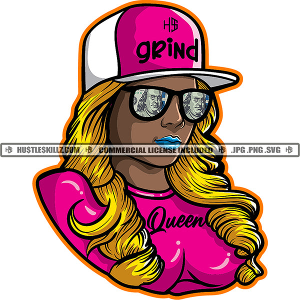 Grind Queen Melanin Woman Baseball Cap Hat Gold Color Long Wave Hairstyle Sunglass Money Hustling Hustler Logo Hustle Skillz SVG PNG JPG Vector Cut Files Silhouette Cricut