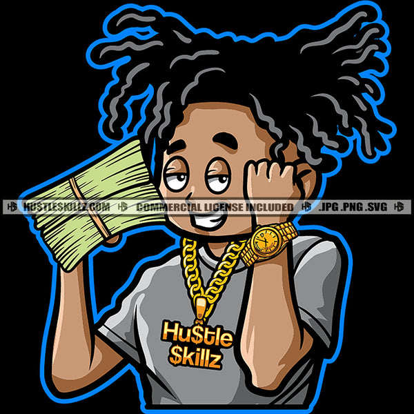 Gangster Man Dreads Locs Hair Money Stacks Gold Watch Grind Hustler Logo Hustle Skillz SVG PNG JPG Vector Cut Files Silhouette Cricut