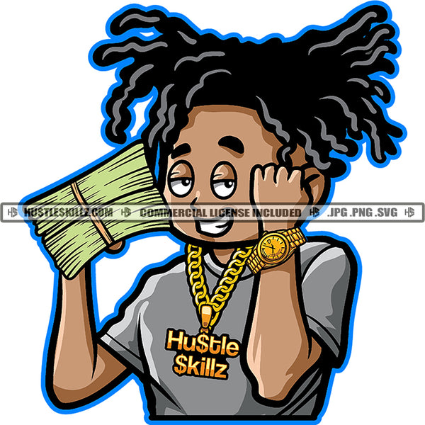 Gangster Man Dreads Locs Hair Money Stacks Gold Watch Grind Hustler Logo Hustle Skillz SVG PNG JPG Vector Cut Files Silhouette Cricut