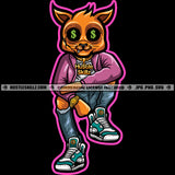 Gangster Scarface Cat Cool Style Purple Jacket Blue Jeans Sitting  Gold Chain Dollar Sign Watch Logo Hustle Skillz SVG PNG JPG Vector Cut Files Silhouette Cricut