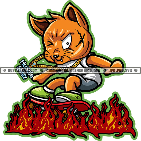 Gangster Scarface Cat Skating Skate Board Fire Flames Hustler Gold Chain Logo Hustle Skillz SVG PNG JPG Vector Cut Files Silhouette Cricut