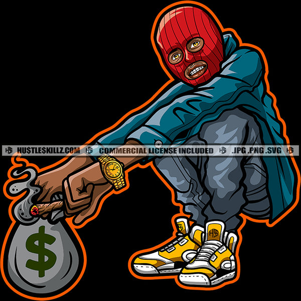 Gangster Man Ski Mask Money Bag Grind Hard Quotes Street Ghetto Hustler Dope Boy Cannabis Smoking Blunt Marijuana Weed leaf Logo Hustle Skillz SVG PNG JPG Vector Cut Files Silhouette Cricut