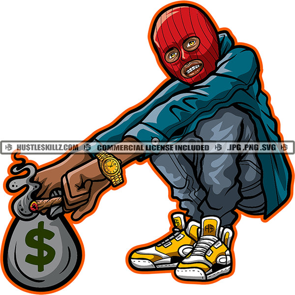 Gangster Man Ski Mask Money Bag Grind Hard Quotes Street Ghetto Hustler Dope Boy Cannabis Smoking Blunt Marijuana Weed leaf Logo Hustle Skillz SVG PNG JPG Vector Cut Files Silhouette Cricut