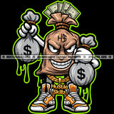 Money Bag Cartoon Character Evil Sarcastic Smile Cash Hustler Gold Chain Dripping Logo Hustle Skillz SVG PNG JPG Vector Cut Files Silhouette Cricut