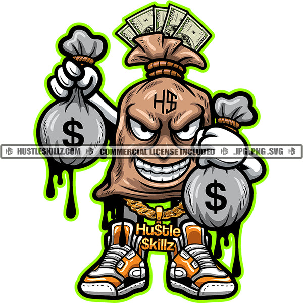 Money Bag Cartoon Character Evil Sarcastic Smile Cash Hustler Gold Chain Dripping Logo Hustle Skillz SVG PNG JPG Vector Cut Files Silhouette Cricut