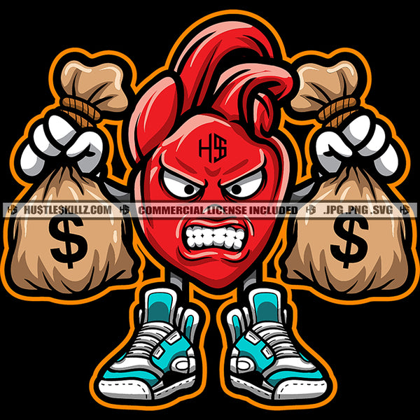 Red Heart Holding Money Bags Cash Dollar Sign No Eyes Growling Grinding Hustler Hustling Skillz SVG PNG JPG Vector Cutting Cricut Silhouette