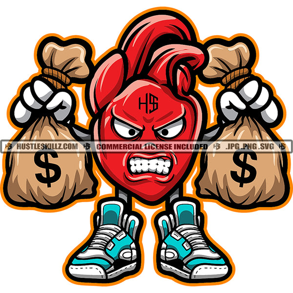 Red Heart Holding Money Bags Cash Dollar Sign No Eyes Growling Grinding Hustler Hustling Skillz SVG PNG JPG Vector Cutting Cricut Silhouette