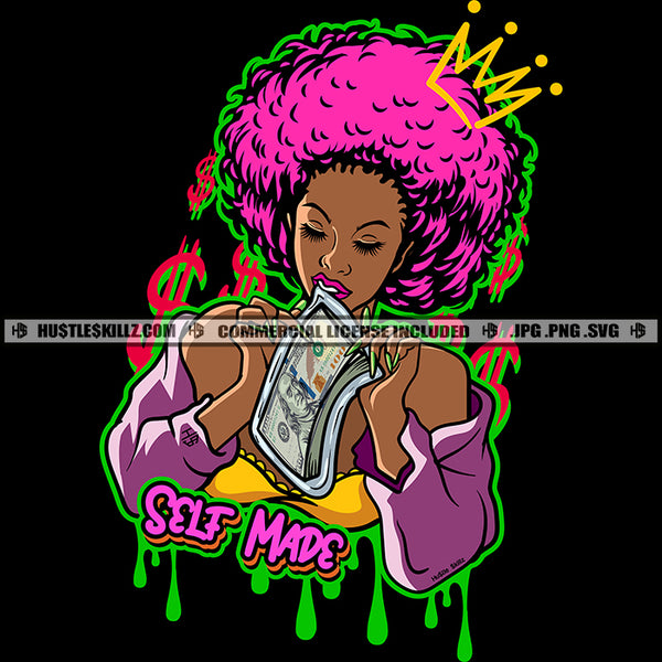 Self Made Melanin Woman Pink Afro Hair Hustler Black Diva Queen Money Dollar Grind Hustle Skillz SVG PNG JPG Vector Cut Cricut Silhouette