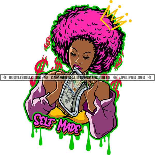 Self Made Melanin Woman Pink Afro Hair Hustler Black Diva Queen Money Dollar Grind Hustle Skillz SVG PNG JPG Vector Cut Cricut Silhouette