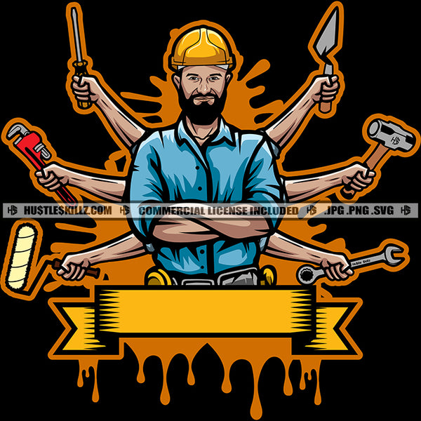 Handyman Logo Construction Man Work Tools Ribbon Business Grind Hustling Hustler Hustle Skillz SVG PNG JPG Vector Cutting Cricut Silhouette