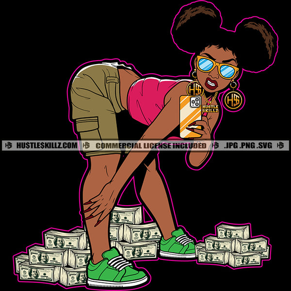 Ghetto Street Girl Lola Afro Puff Selfie Money Stacks Hustler Gangster Logo Hustle Skillz SVG PNG JPG Vector Cut  Files Silhouette Cricut