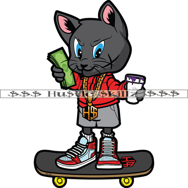 Cat Skateboard Drinking Purple Drink Money Cash Hustle Skillz Dope Hustler Hustling Designs For Products SVG PNG JPG EPS Cut Cutting