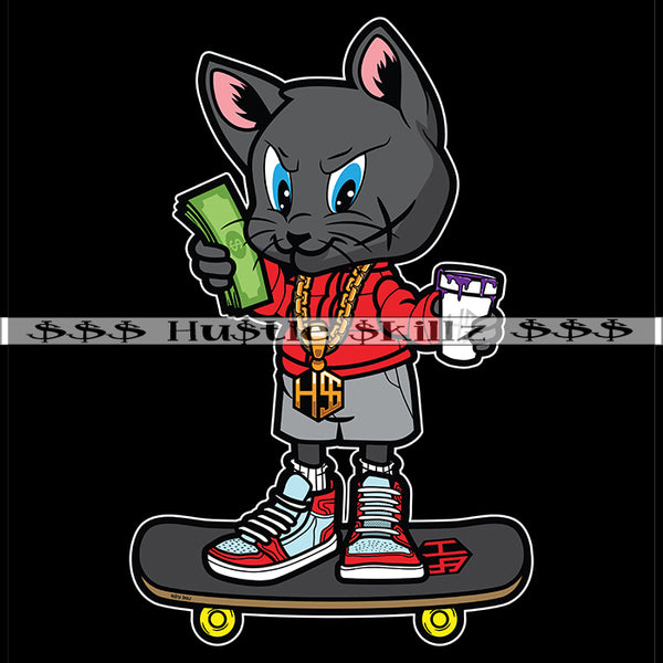 Cat Skateboard Drinking Purple Drink Money Cash Hustle Skillz Dope Hustler Hustling Designs For Products SVG PNG JPG EPS Cut Cutting