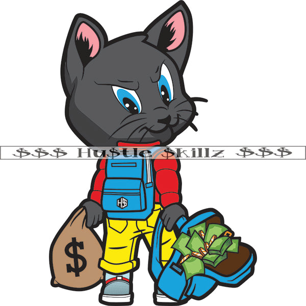 Cat Holding Money Bag Backpack Cash Hustle Skillz Dope Hustler Hustling Designs For Products SVG PNG JPG EPS Cut Cutting