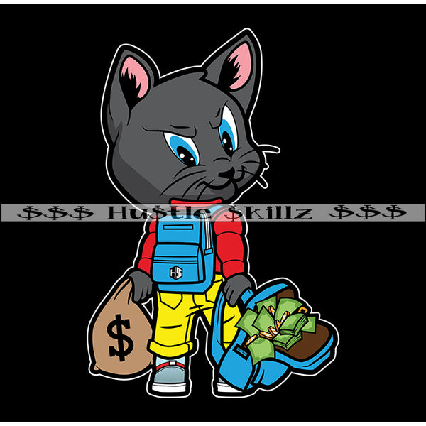 Cat Holding Money Bag Backpack Cash Hustle Skillz Dope Hustler Hustling Designs For Products SVG PNG JPG EPS Cut Cutting