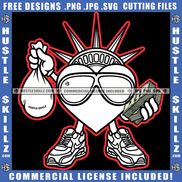 Heart Red Love Black And White Design Statue Liberty Justice Holding Money Bag Cash Dollars Covering Eyes Sunglass Logo Hustle Skillz SVG PNG JPG Vector Cut Files Silhouette Cricut