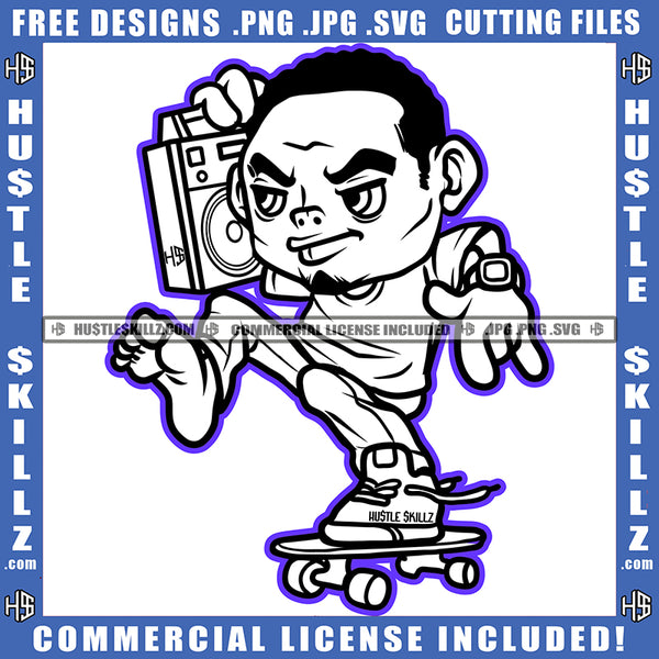 Man Cartoon Character Hip Hop Boom Box Skate Board Surfer Street Boy Rap Music Gangster Logo Hustle Skillz SVG PNG JPG Vector Cut Files Silhouette Cricut