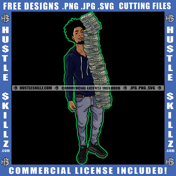 Gangster Man Dreads Locs Hair Holding Money Bundle Dollar Stacks Cash Smile Grind Hustler Logo Hustle Skillz SVG PNG JPG Vector Cut Files Silhouette Cricut