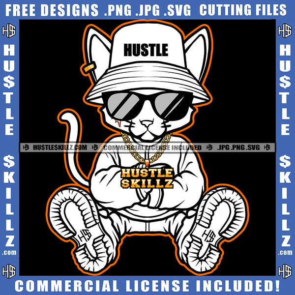 Scarface Gangster Cat Black And White Design Baseball Cap Hat Hustler Gold Chain Earring Sunglass Logo Hustle Skillz SVG PNG JPG Vector Cut Files Silhouette Cricut