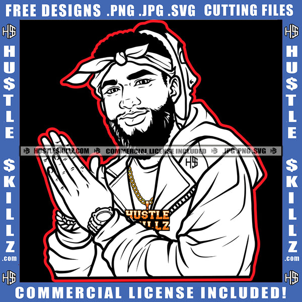 Man Black And White Design Two Hand Face Beard Hoodie Band Watches Gold Chain Necklace Strong Grind Logo Hustle Skillz SVG PNG JPG Vector Cut Files Silhouette Cricut