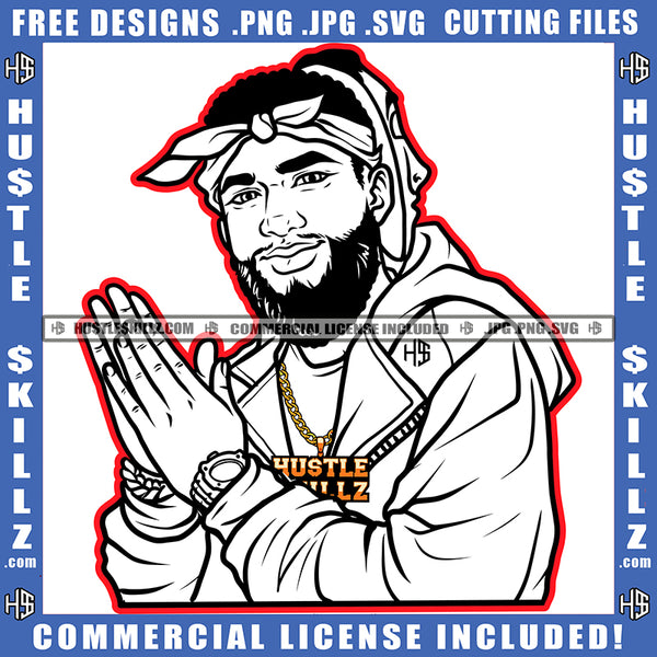 Man Black And White Design Two Hand Face Beard Hoodie Band Watches Gold Chain Necklace Strong Grind Logo Hustle Skillz SVG PNG JPG Vector Cut Files Silhouette Cricut