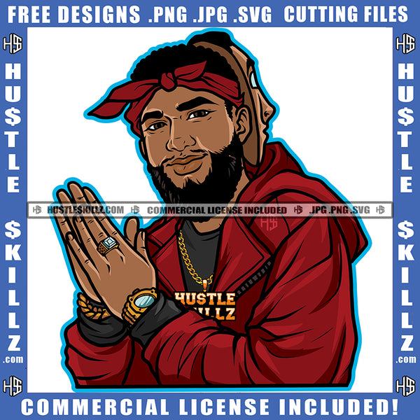 Black Man Two Hand Face Beard Hoodie Band Watches Gold Chain Necklace Strong Grind Logo Hustle Skillz SVG PNG JPG Vector Cut Files Silhouette Cricut