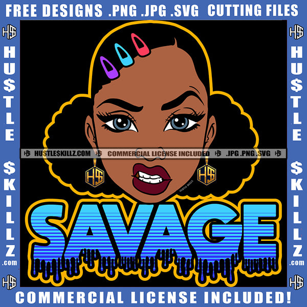 Afro Woman Savage Bamboo Hoop Earrings Attitude Facial Expression Nubian Melanin Pigtails Hair Style Logo Hustle Skillz SVG PNG JPG Vector Cut Files Silhouette Cricut