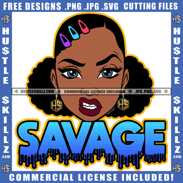 Afro Woman Savage Bamboo Hoop Earrings Attitude Facial Expression Nubian Melanin Pigtails Hair Style Logo Hustle Skillz SVG PNG JPG Vector Cut Files Silhouette Cricut