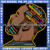 Afro Bearded Black Man Life Quotes Side View Handsome Manly Mustache Beard Masculine Logo Hustle Skillz SVG PNG JPG Vector Cut Files Silhouette Cricut