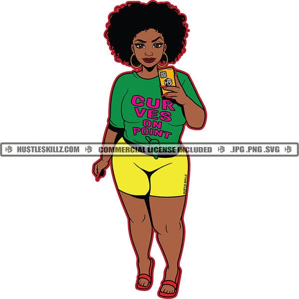 Curves On Point Graphic Black Woman T-Shirt Afro Cellphone Selfie Picture Shorts Grind Skillz Logo Hustle Skillz SVG PNG JPG Vector Cut Files Silhouette Cricut