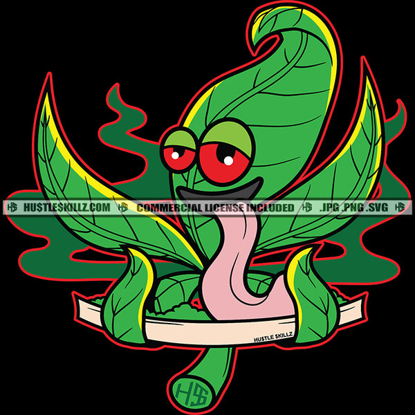 Weed Character Green Leaf Leaves Smoke Smoking Tongue Red Eye Icon Graphic Hustler Grind Skillz Logo Hustle Skillz SVG PNG JPG Vector Cut Files Silhouette Cricut