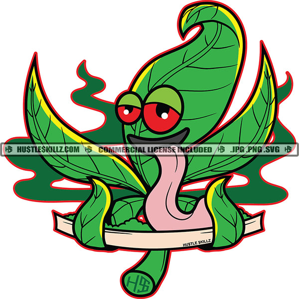 Weed Character Green Leaf Leaves Smoke Smoking Tongue Red Eye Icon Graphic Hustler Grind Skillz Logo Hustle Skillz SVG PNG JPG Vector Cut Files Silhouette Cricut