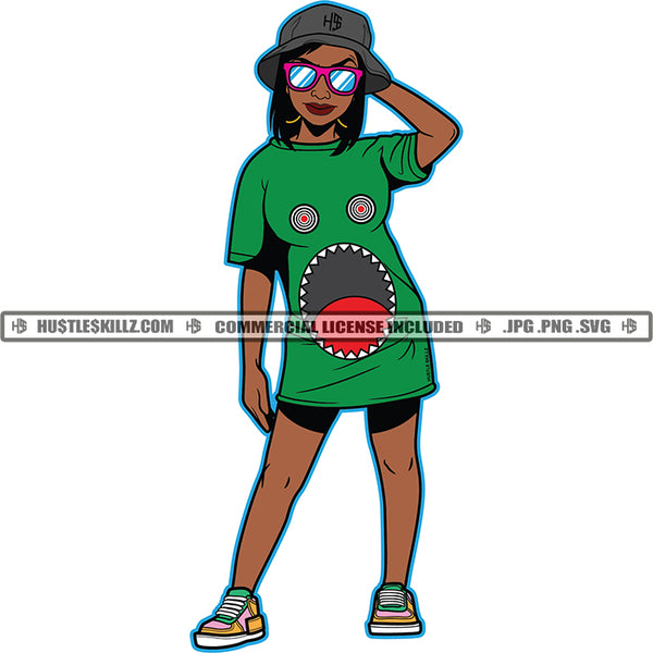 Black Woman TShirt Dress Afro Boots Shark Fish Eye Mouth Graphic Image Grind Skillz Logo Hustle Skillz SVG PNG JPG Vector Cut Files Silhouette Cricut