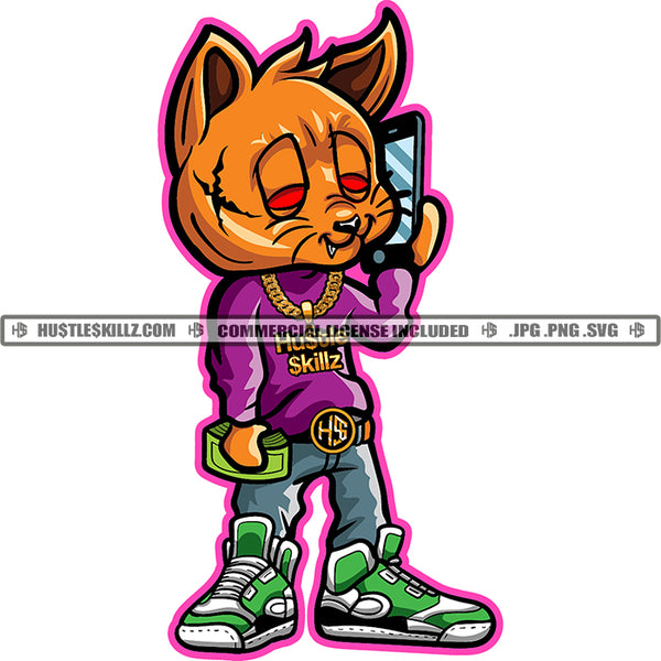 Gangster Scarface Cat Talking Phone Money Cash Hustler Gold Chain Belt Logo Hustle Skillz SVG PNG JPG Vector Cut Files Silhouette Cricut
