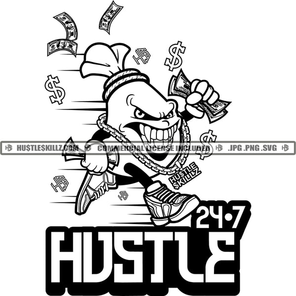 24-7 Hustle Money Bag Running Hustler Grind Logos Black And White Designs Hustle Skillz SVG PNG JPG Vector Cutting Files Silhouette Cricut