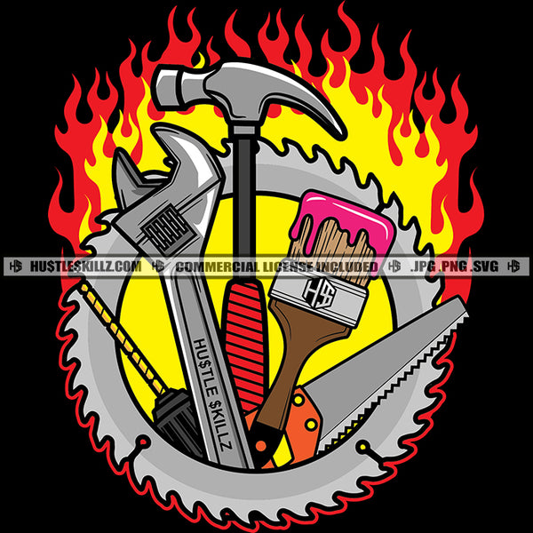 Construction  Work Tools Silver Wrench Pliers Business Grind Hustling Hustler Handyman Fire Logo Hustle Skillz SVG PNG JPG Vector Cut Files Silhouette Cricut