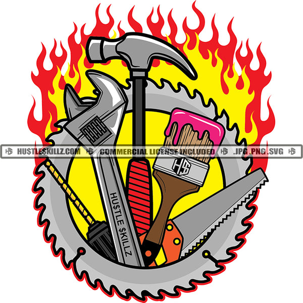Construction  Work Tools Silver Wrench Pliers Business Grind Hustling Hustler Handyman Fire Logo Hustle Skillz SVG PNG JPG Vector Cut Files Silhouette Cricut