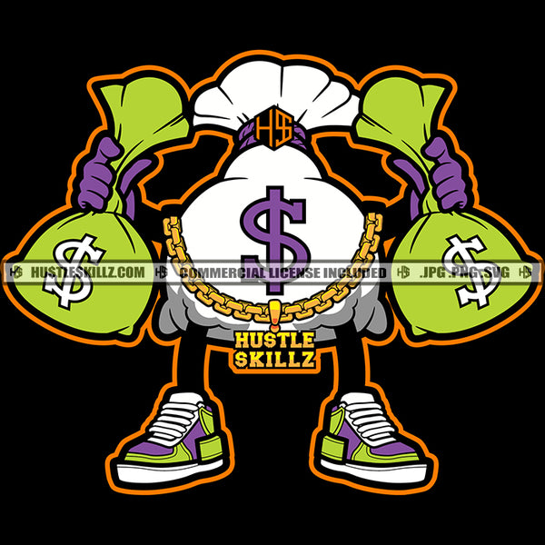 Dollar Money Bag Fist Bank Bags Dollar Signs Cash Sneakers Cartoon Hustling Hustler Gold Chain Logo Hustle Skillz SVG PNG JPG Vector Cut Files Silhouette Cricut