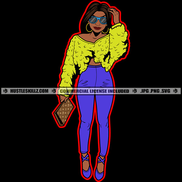 Black Woman Yellow Top Matching Pants Shoes Hustling Hustler Gold Earring Sunglass Holding bag Logo Hustle Skillz SVG PNG JPG Vector Cut Files Silhouette Cricut