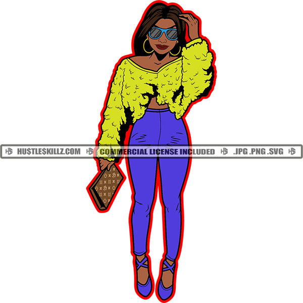 Black Woman Yellow Top Matching Pants Shoes Hustling Hustler Gold Earring Sunglass Holding bag Logo Hustle Skillz SVG PNG JPG Vector Cut Files Silhouette Cricut