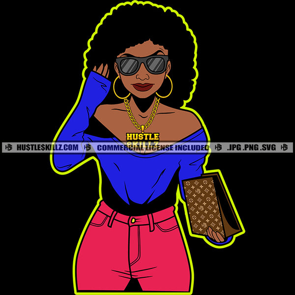 Pretty Woman Afro Puff Hairstyle Hustler Gold Chain Earring Sunglass Hustling Holding Bag Logo Hustle Skillz SVG PNG JPG Vector Cut Files Silhouette Cricut