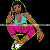 Queen Cute Melanin Woman Sitting Fit Figure Long Wave Hairstyle Hustler Gold Chain Earring Illustration Logo Hustle Skillz SVG PNG JPG Vector Cut Files Silhouette Cricut