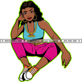 Queen Cute Melanin Woman Sitting Fit Figure Long Wave Hairstyle Hustler Gold Chain Earring Illustration Logo Hustle Skillz SVG PNG JPG Vector Cut Files Silhouette Cricut