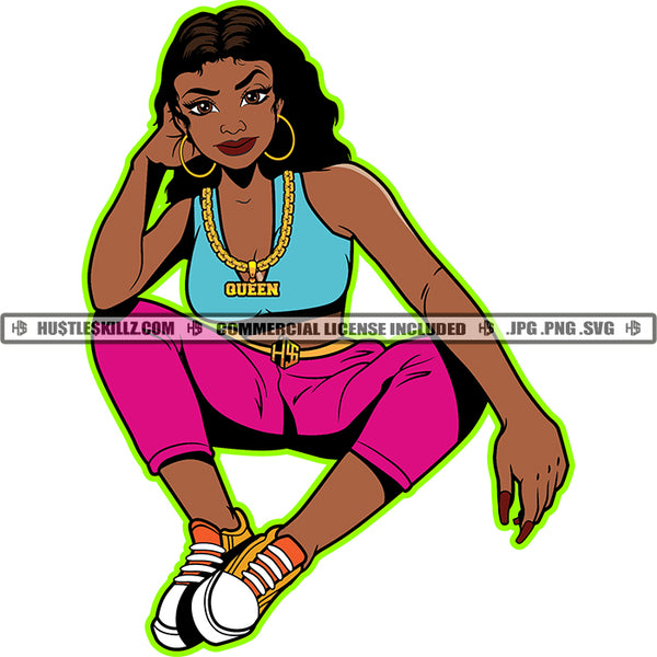 Queen Cute Melanin Woman Sitting Fit Figure Long Wave Hairstyle Hustler Gold Chain Earring Illustration Logo Hustle Skillz SVG PNG JPG Vector Cut Files Silhouette Cricut