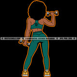 Black Woman Weights Working Out Exercise Gym Fit Figure Afro Puff Hairstyle Matching Outfit Grind Logo Hustle Skillz SVG PNG JPG Vector Cut Files Silhouette Cricut