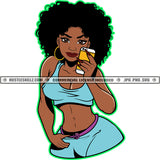 Melanin Woman Afro Puff Hairstyle Matching Outfit Fit Figure Curvy And Sexy Holding Phone Logo Hustle Skillz SVG PNG JPG Vector Cut Files Silhouette Cricut