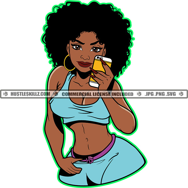 Melanin Woman Afro Puff Hairstyle Matching Outfit Fit Figure Curvy And Sexy Holding Phone Logo Hustle Skillz SVG PNG JPG Vector Cut Files Silhouette Cricut