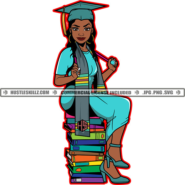 Graduate Graduation Nubian Woman Fit Figure Matching Outfit Books Achievements Doctor Nurse Progress Success Logo Hustle Skillz SVG PNG JPG Vector Cut Files Silhouette Cricut