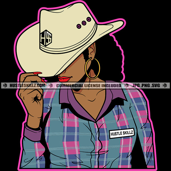 Cowgirl African American Lady Melanin Woman Fit Figure Cowboy Cap Hat Hustler Earring Logo Hustle Skillz SVG PNG JPG Vector Cut Files Silhouette Cricut