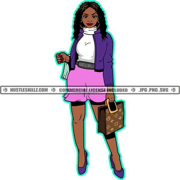 Melanin Woman Fit Figure Hustler Earring Holding Bag Wearing Suit Matching Outfit Logo Hustle Skillz SVG PNG JPG Vector Cut Files Silhouette Cricut